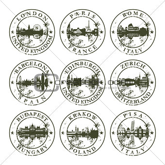 Grunge rubber stamps with London, Paris, Rome, Barcelona, Edinbu