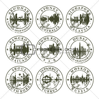 Grunge rubber stamps with Abu Dhabi, Sydney, Singapore, Bangkok,