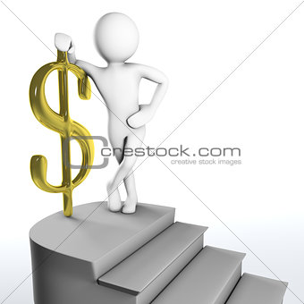 3D man reached the top of the stairs with golden dollar sign