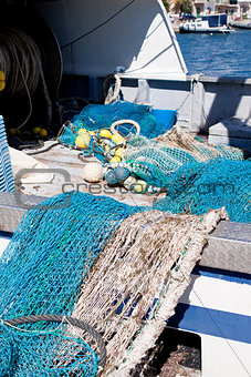 fishnet trawl rope putdoor in summer at harbour