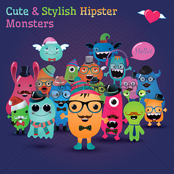 Cute and Stylish  Hipster Monsters. Fully editable and customizable. Freaky characters background. Vector Illustration