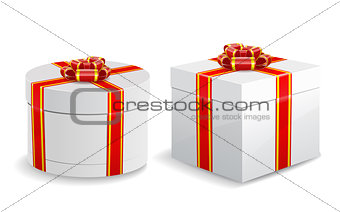 Square and round gift boxes isolated on white background.