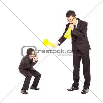 businessman blame or encourage to worker with megaphone