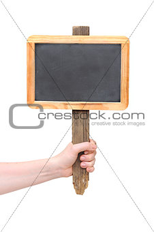 Chalkboard sign on hand isolate on white