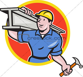Construction Steel Worker Carry I-Beam Circle Cartoon