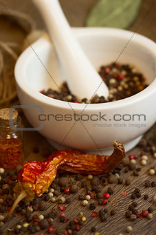 Mortar & pestle with pepper and chili