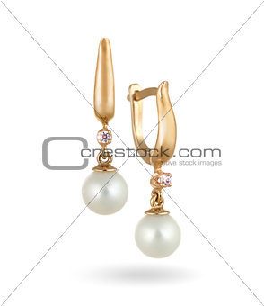 Beautiful Gold Earrings with Diamonds and Pearls / Isolated