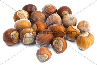 Fistful of brown hazel nuts isolated with white background