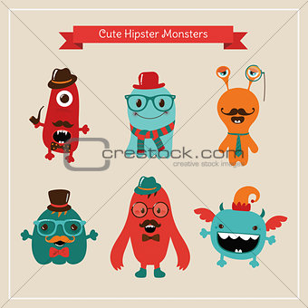 Vector Freaky Cute Retro Hipster Monsters, Funny Illustration.