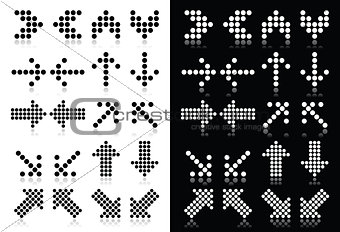 Dotted arrows icons set on white and black background