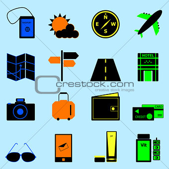Travel colorful icons set on light blue background