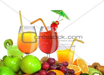 Fresh Fruits and Juice over White