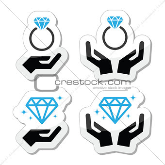 Diamond engagement ring with hands vector icon