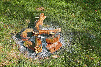 Remains of a bonfire on the green grass 
