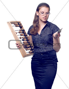 girl with wooden abacus keeps money