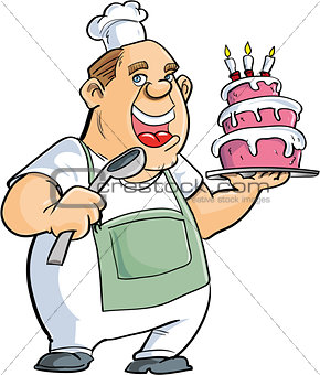 Cartoon baker with a spoon and big cake