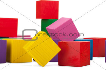 Wooden blocks, stack of colorful cubes, childrens toy isolated o