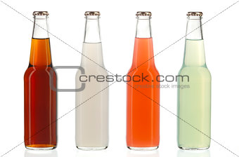 Four assorted soda bottles, alcoholic drinks