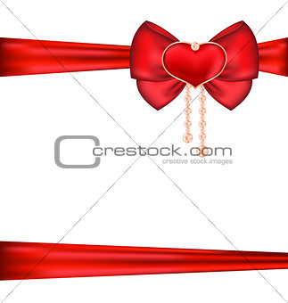 Red bow with heart and pearls for packing gift Valentine Day