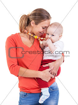 Young Caucasian woman and baby boy over white