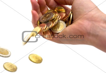 dropping money in hand on white background