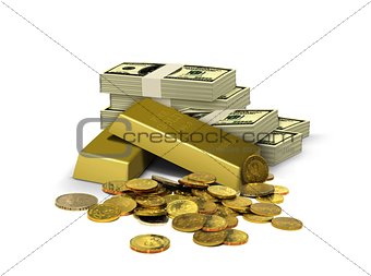 Gold Bar with Currency Notes and Coins