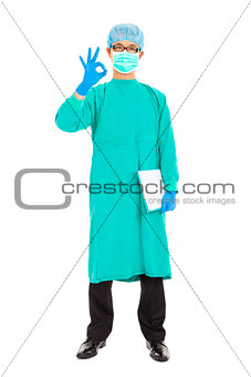 portrait of surgeon or checker in mask and thumb up