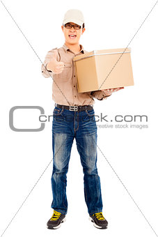 Delivery man holding goods and thumb up