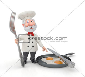 The 3D cook with a fork and fried eggs.