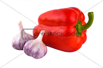 Sweet red pepper and two garlic isolated on white