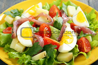 Salad with anchovies on a yellow plate. 