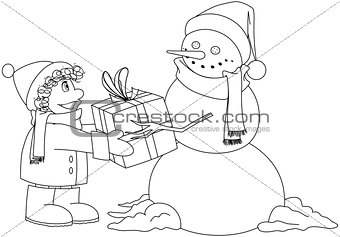 Christmas Snowman Gives Present To Boy Coloring Page