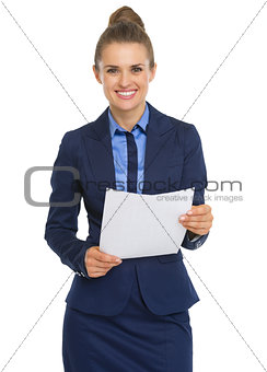 Smiling business woman with document