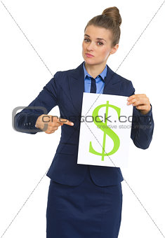 Business woman pointing on paper sheet with dollar sign