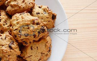 Closeup of fresh chocolate chip and pecan cookies