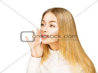 Young Blonde Woman Whispering. Isolated on White.