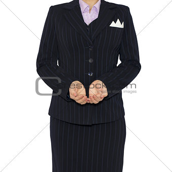 Woman in suit holding his hands before him
