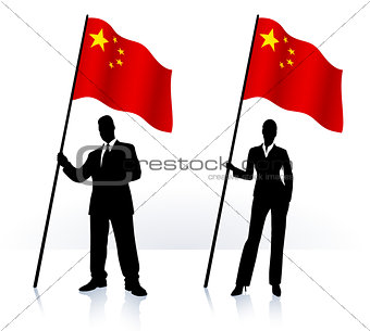 Business silhouettes with waving flag of China