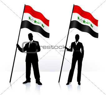 Business silhouettes with waving flag of Iraq