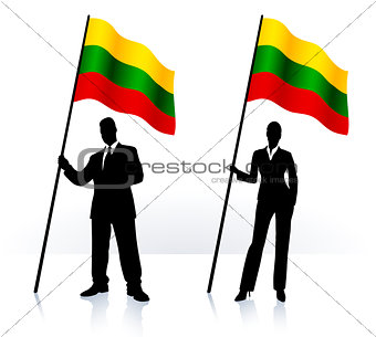 Business silhouettes with waving flag of Lithuania