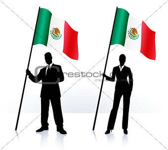 Business silhouettes with waving flag of Mexico