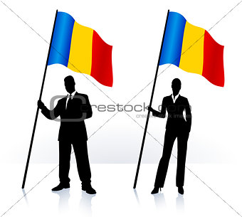 Business silhouettes with waving flag of Romania