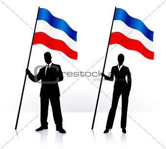 Business silhouettes with waving flag of serbia and montenegro