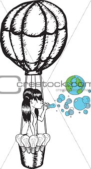 Girl blowing earth bubbles in hot air balloon