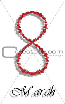 Women's day on March 8th. International date made of hearts on a white background.