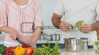 Midsection of couple preparing food together