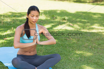 Woman in Namaste position with eyes closed at park