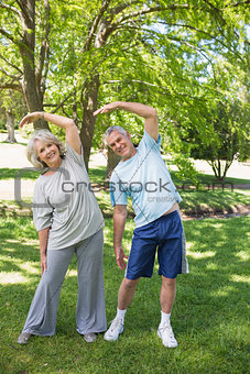 Mature couple stretching hands at park