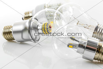 eco LED bulbs and classic tungsten bulb