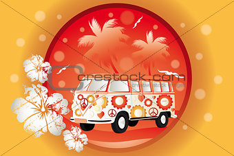 Retro bus with floral patterns - Stock Illustration